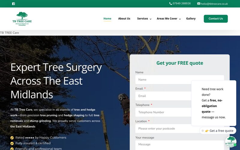 The TB Tree Care website, built by Hucknall IT