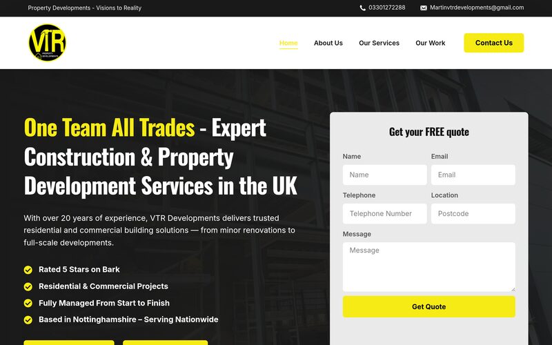 The VTR Developments website, built by Hucknall IT
