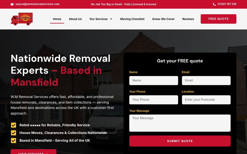 The W.M Removal Services website, built by Hucknall IT